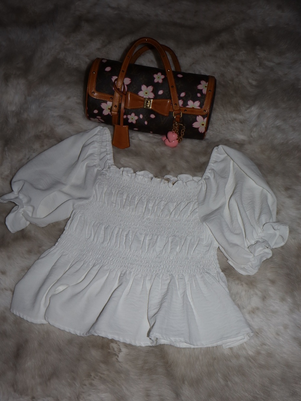 White Smocked Peplum Puff-Sleeve Women's Top